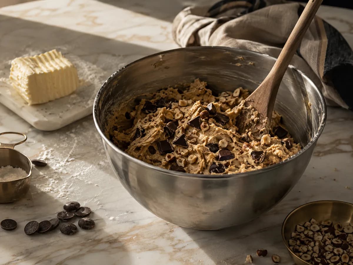 Mains façonnant la pâte à cookie sur le plan de travail de l'atelier