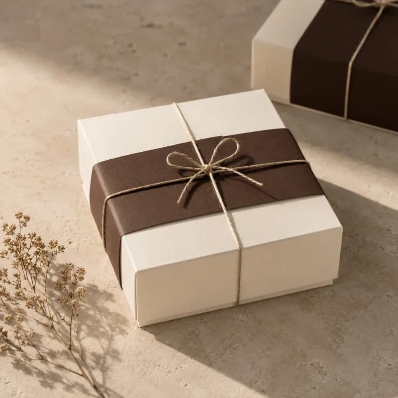 Boîte Maison Five fermée, bandeau chocolat et ficelle de lin