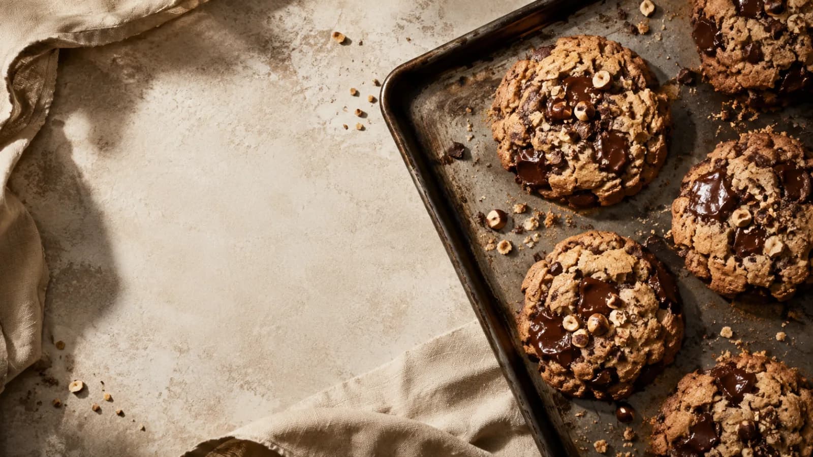 Plateau de cookies Maison Five encore tièdes, disposés sur un lin brut