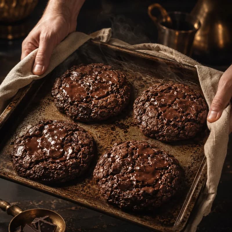 Plaque de cookies sortant du four, tenue avec un torchon de lin